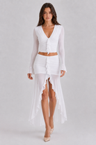 White ruched ruffle two piece skirt set front view