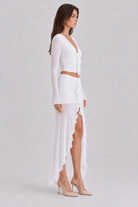 White ruffle two piece skirt set side view