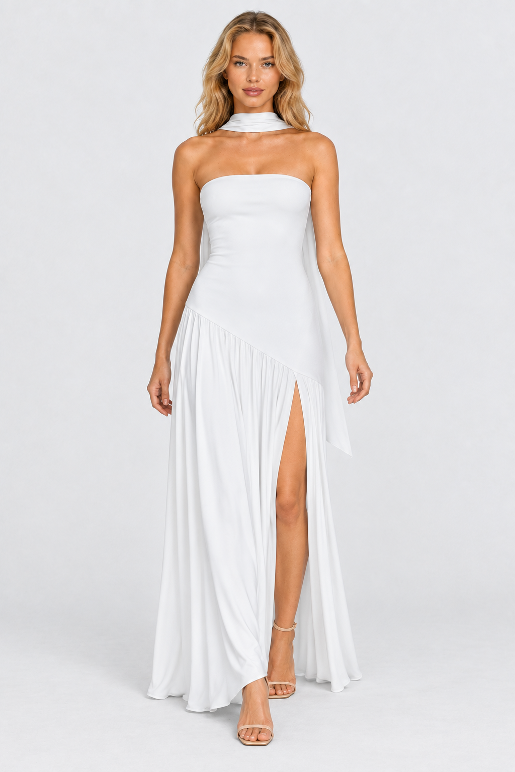White strapless asymmetric waist split maxi dress, front view