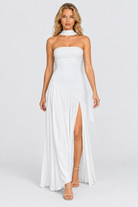 White strapless asymmetric waist split maxi dress, front view